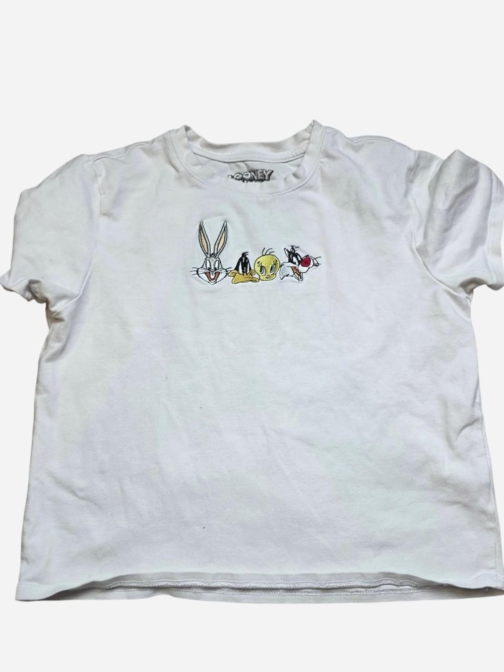 White Looney Tunes Embroidered Crop Tee